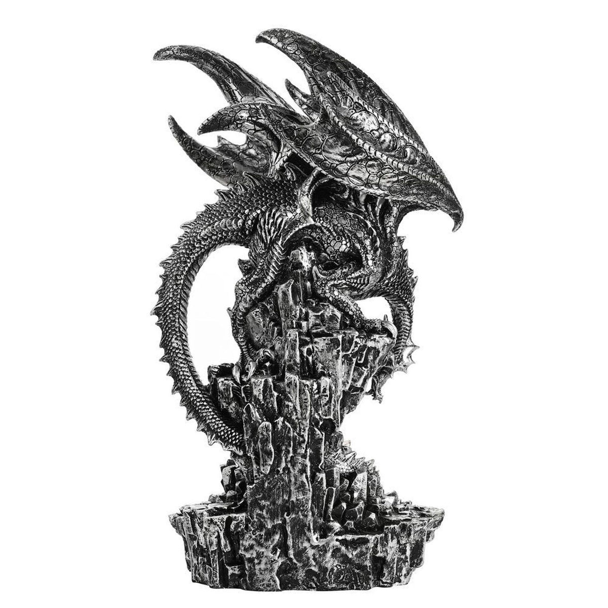 Large Dragon on Rock Resin Figurine with Light - Silver