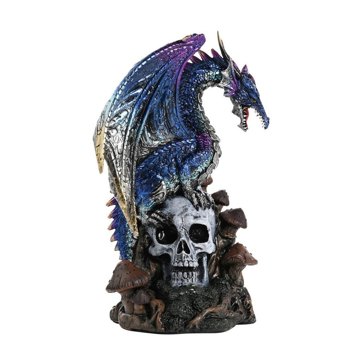 Winged Dragon on Skull Resin Figurine with Mushrooms - Blue