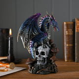 Winged Dragon on Skull Resin Figurine with Mushrooms - Blue