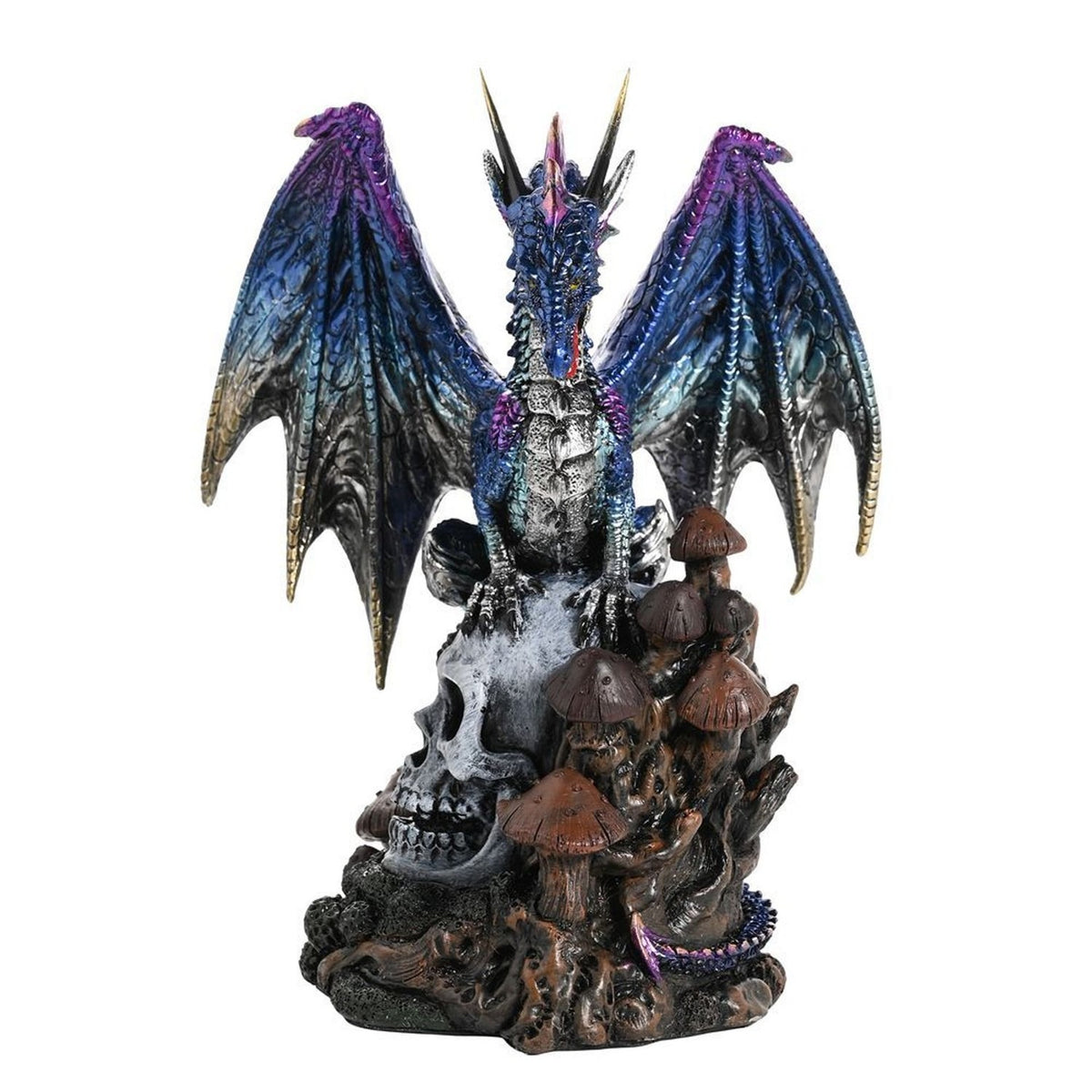 Winged Dragon on Skull Resin Figurine with Mushrooms - Blue
