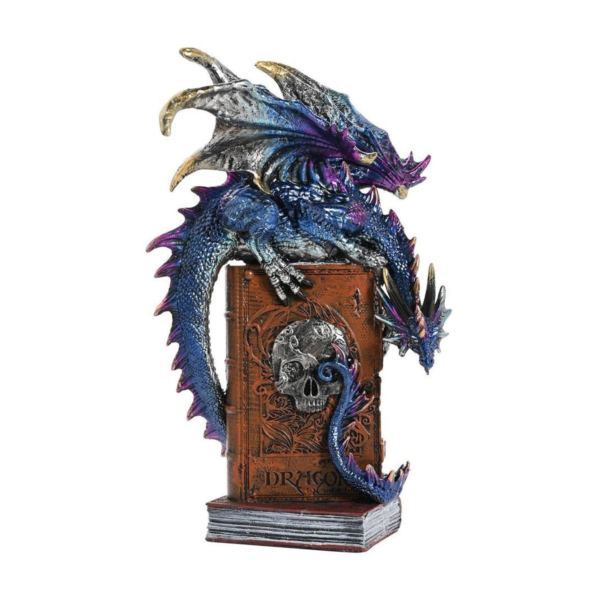 Fantasy Dragon Perched on Skull Books Resin Figurine - Blue
