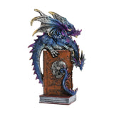 Fantasy Dragon Perched on Skull Books Resin Figurine - Blue