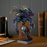 Fantasy Dragon Perched on Skull Books Resin Figurine - Blue