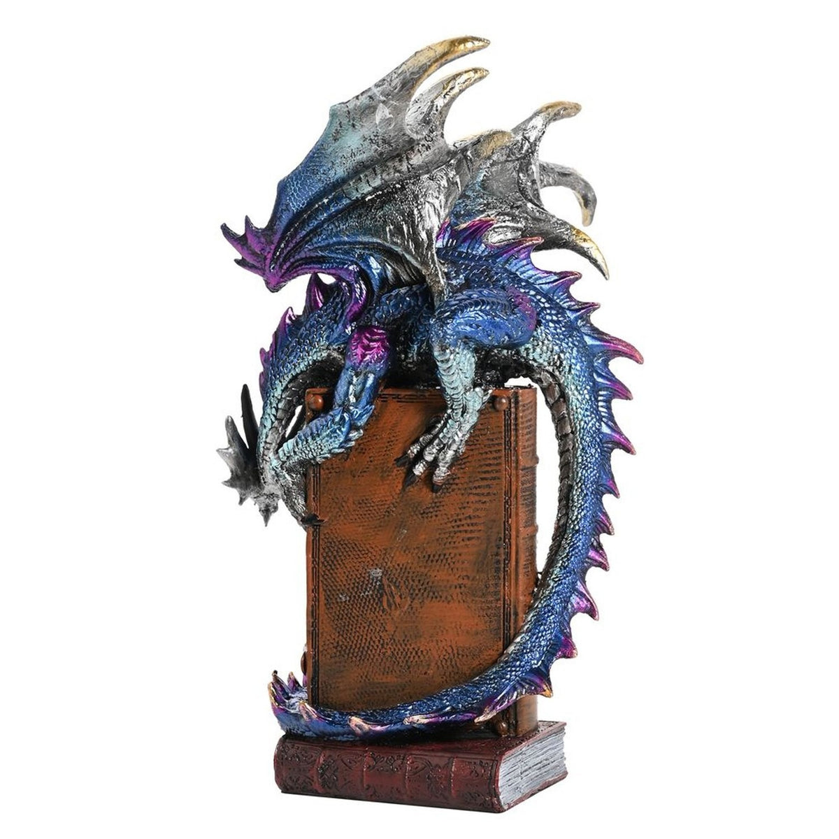 Fantasy Dragon Perched on Skull Books Resin Figurine - Blue