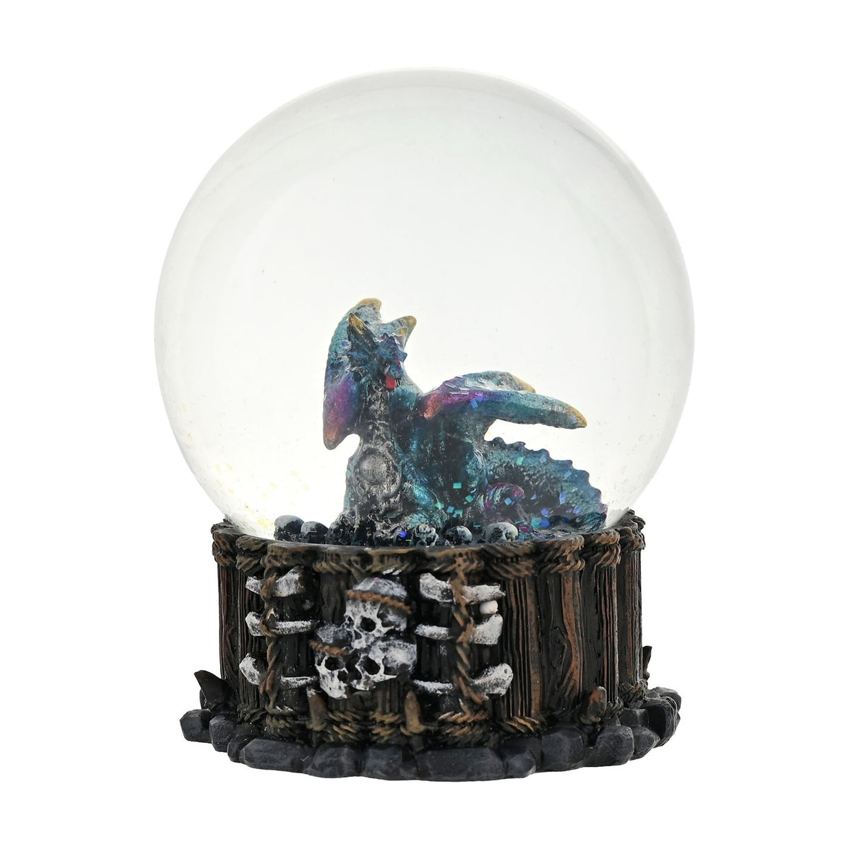 Dragon Glass Snow Globe with Glitter and Skull Base - Blue