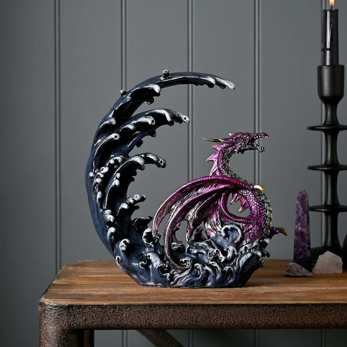 Roaring Dragon in Crashing Wave Resin Figurine - Purple