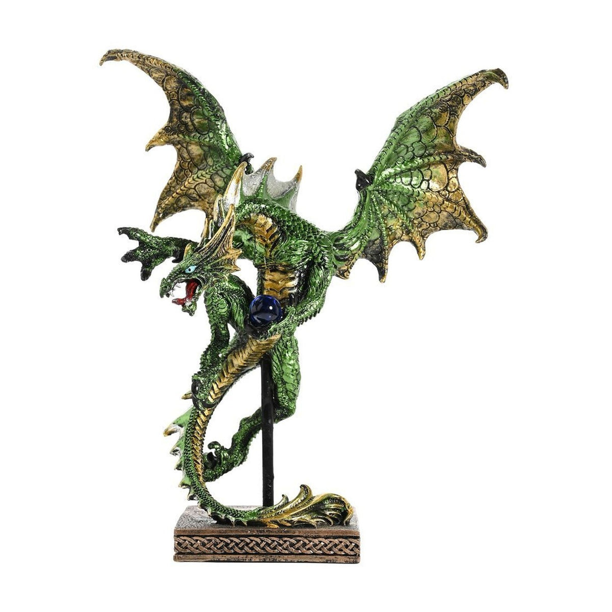 Dragon in Flight Resin Figurine with Orb on Stand - Green