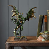 Dragon in Flight Resin Figurine with Orb on Stand - Green