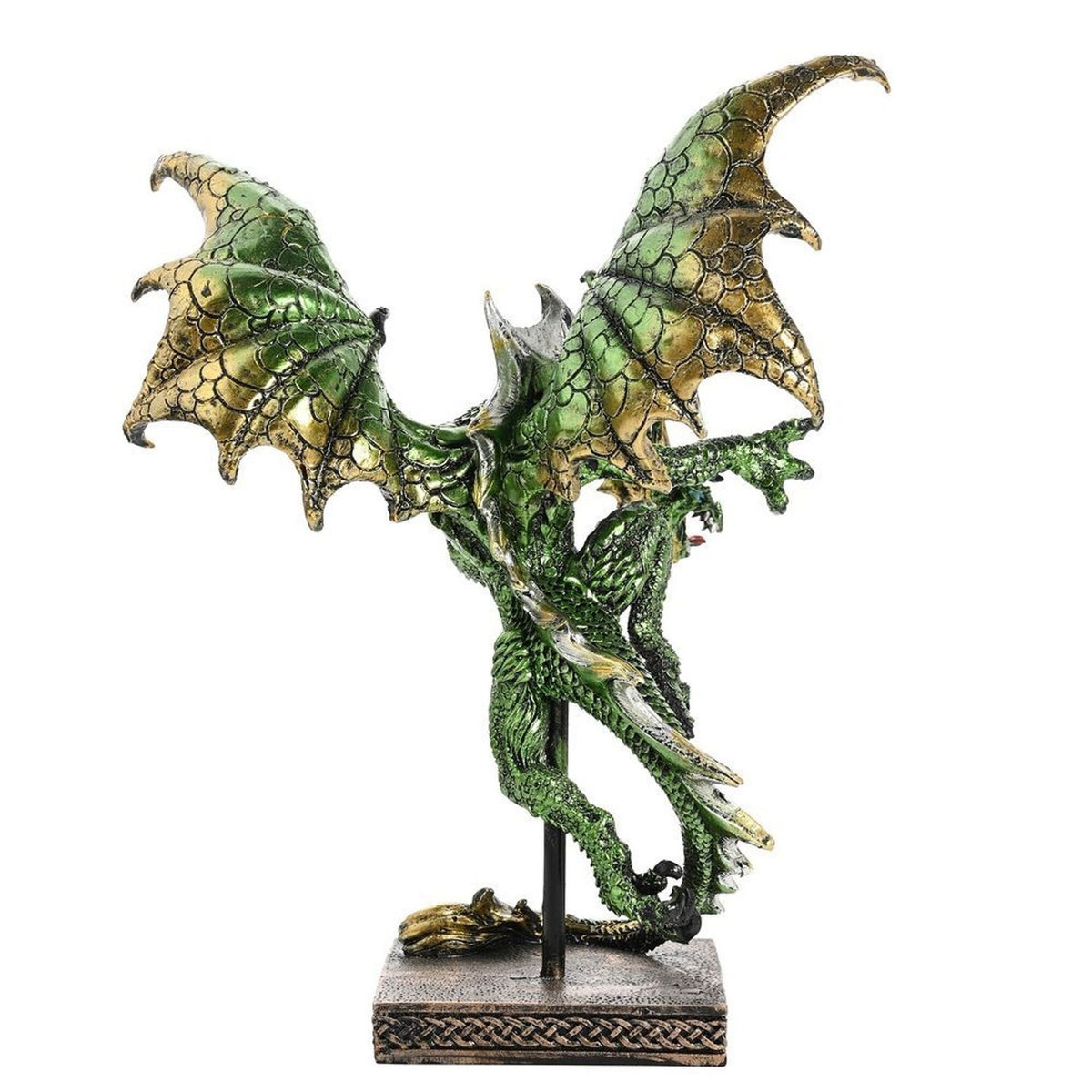 Dragon in Flight Resin Figurine with Orb on Stand - Green