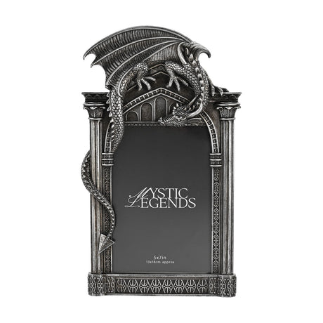 Silver resin photo frame, 7 x 5in, with a winged dragon perched atop a gothic arch, its tail winding down a ribbed column, patterned base, on a plain white background.