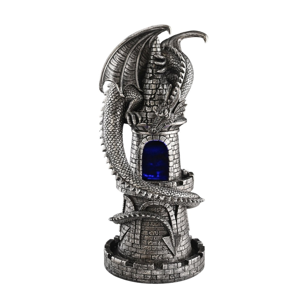 Coiled Dragon Castle Tower Battery Resin Table Lamp - Silver