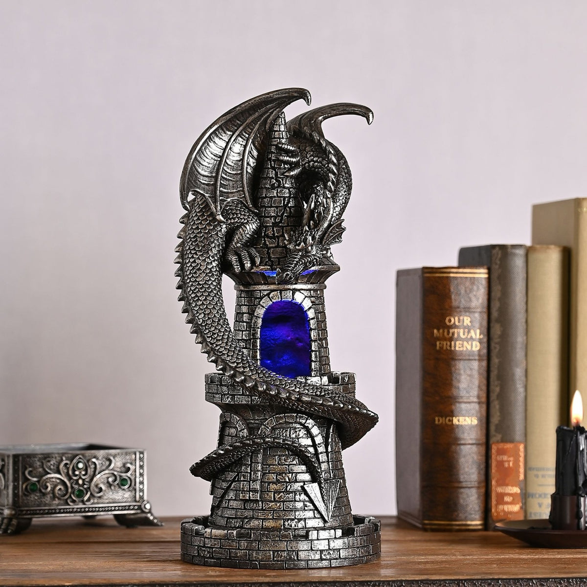 Coiled Dragon Castle Tower Battery Resin Table Lamp - Silver