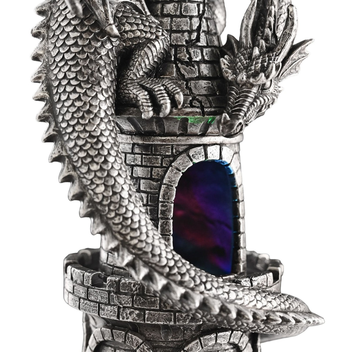 Coiled Dragon Castle Tower Battery Resin Table Lamp - Silver