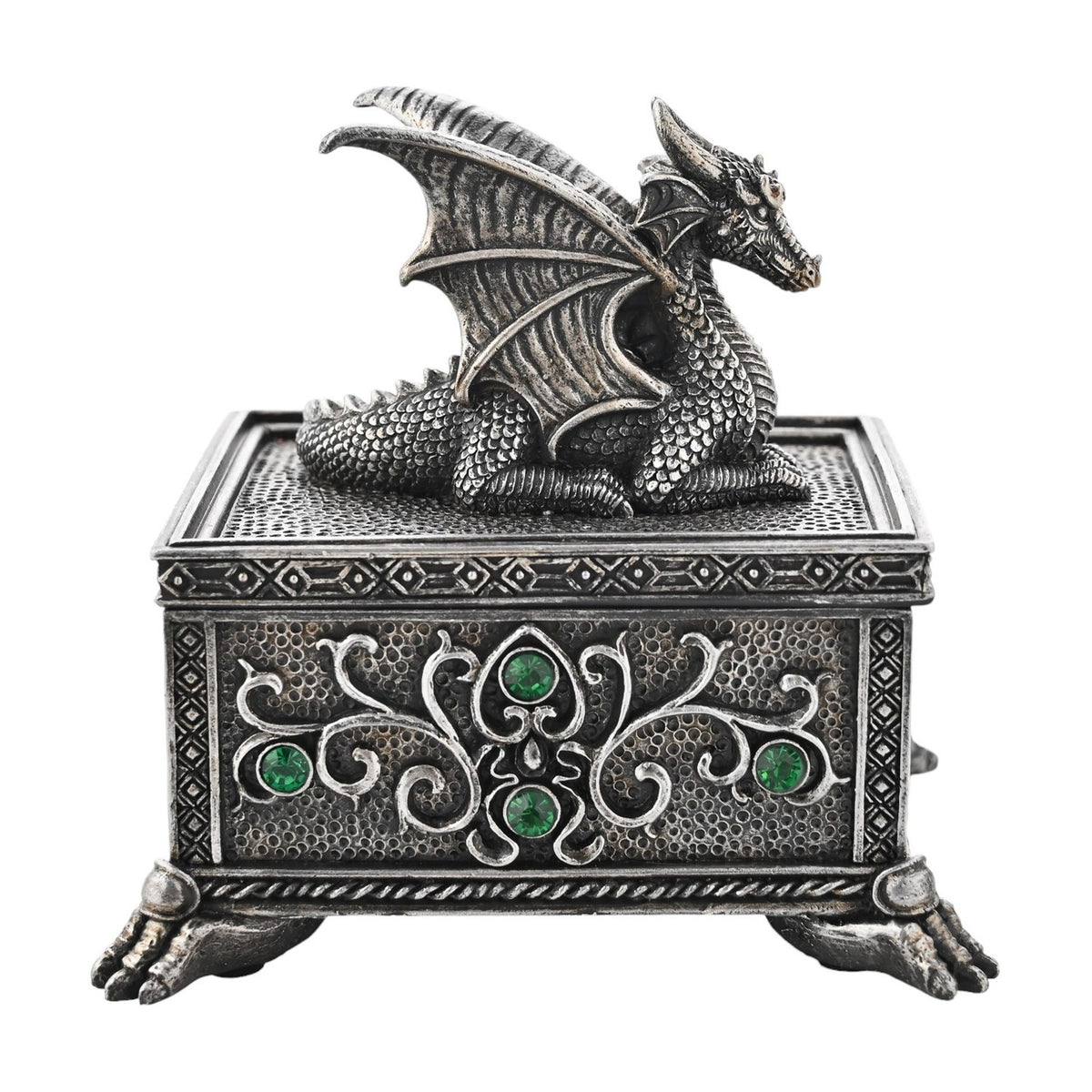 Winged Dragon Resin Trinket Box with Claw Feet - Silver