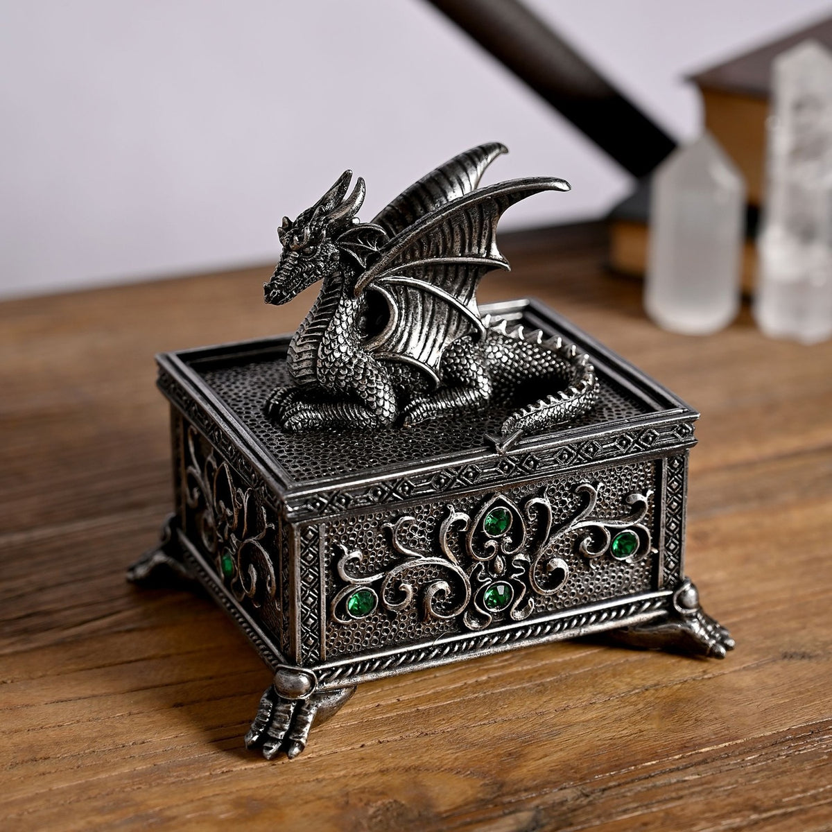 Winged Dragon Resin Trinket Box with Claw Feet - Silver