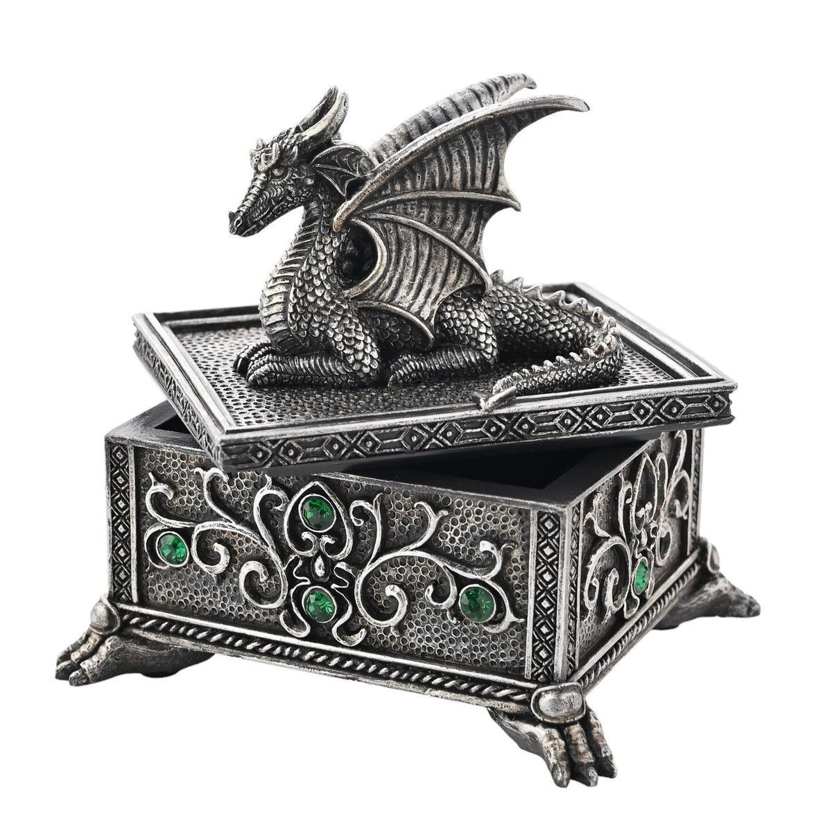 Winged Dragon Resin Trinket Box with Claw Feet - Silver