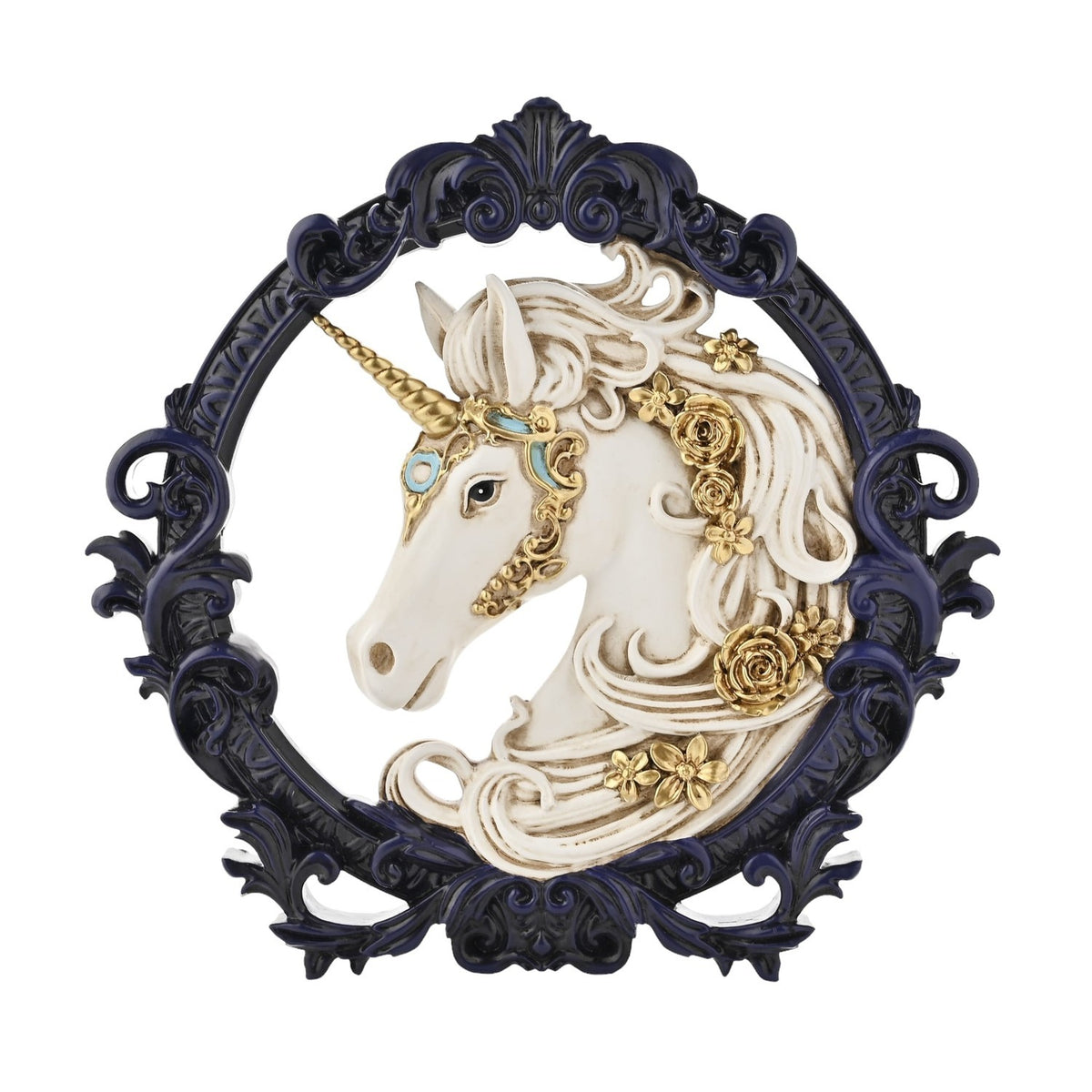 Round Unicorn Head Resin Wall Plaque with Navy Frame - White