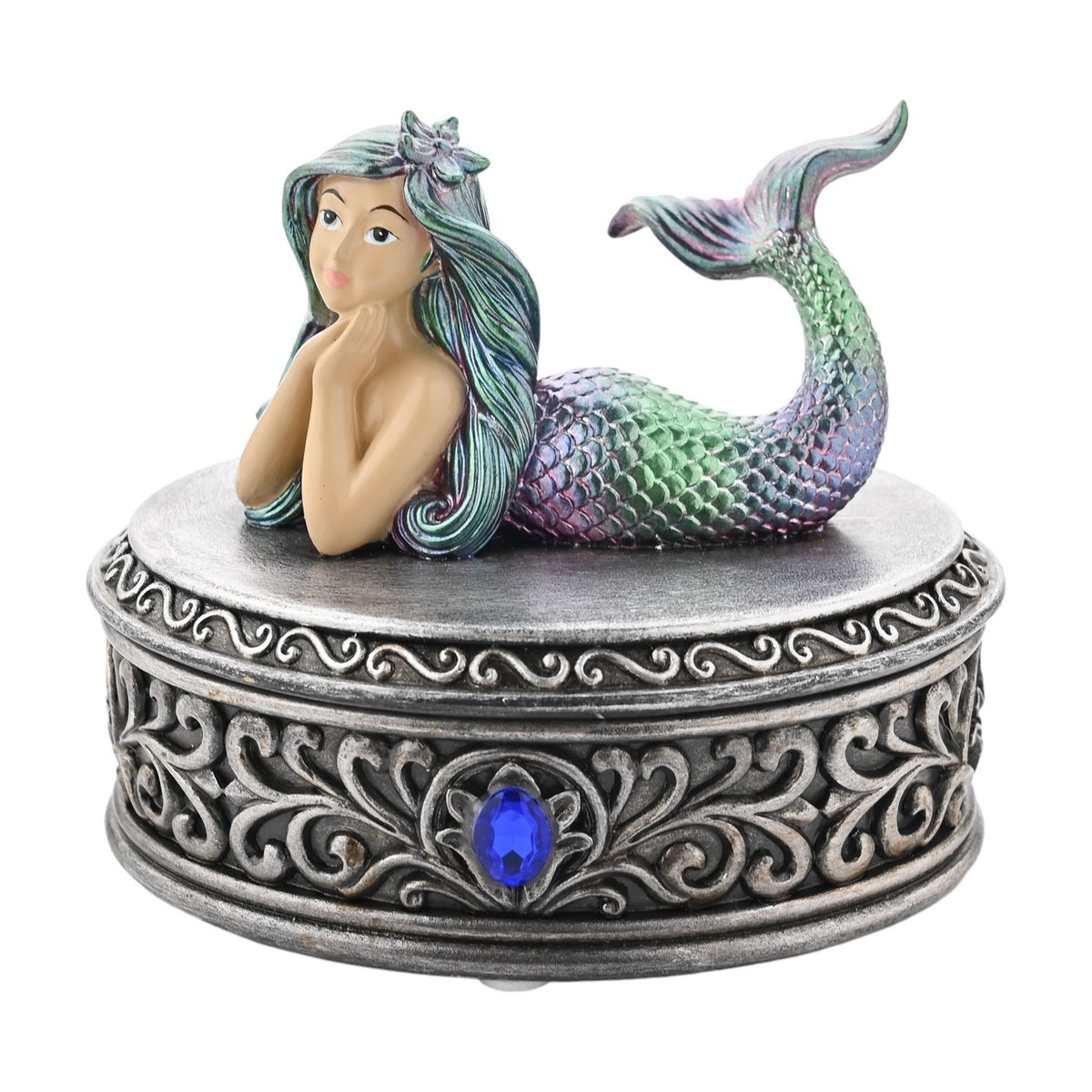 Oval Mermaid Resin Trinket Box with Lift-Off Lid - Silver