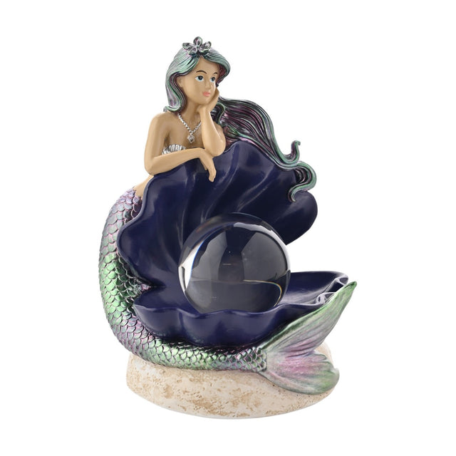 Mermaid Pearl Clam Shell resin table lamp, 20cm, purple jewel-toned finish, mermaid figure leaning on open shell with clear pearl orb, on light background.