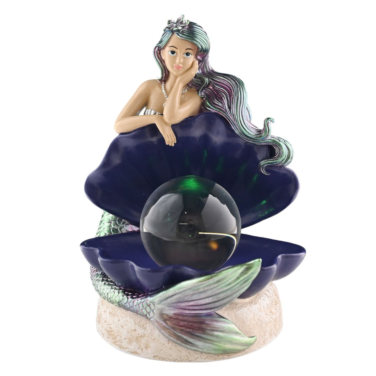 Mermaid Pearl Clam Shell resin table lamp, 20cm, showing a mermaid with iridescent green-purple hair leaning on a purple shell holding a glowing pearl, on a plain white background.