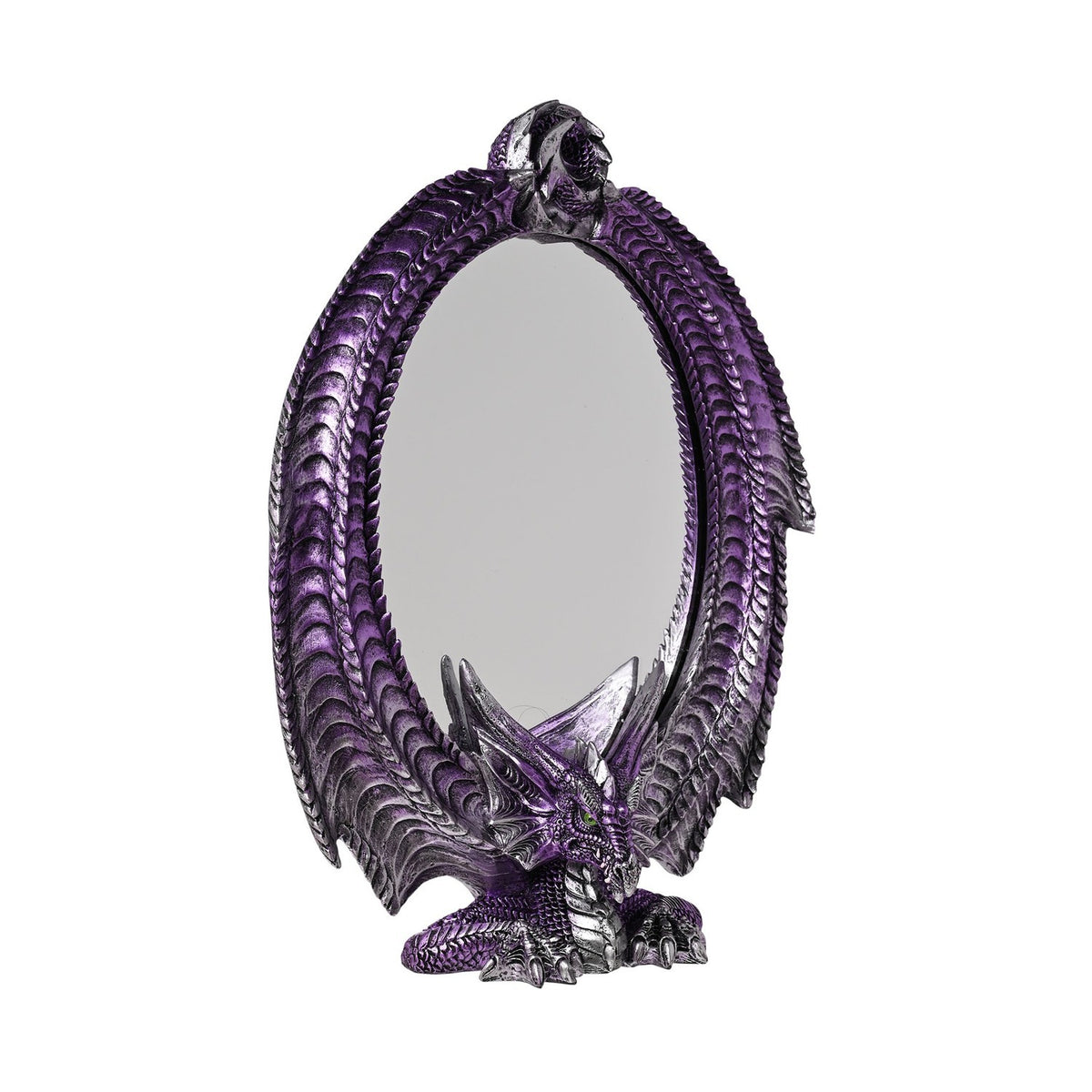 Oval wall mirror framed by a metallic purple resin dragon with silver-highlighted scales, crouching with wings curving up to a coiled flourish at the top.