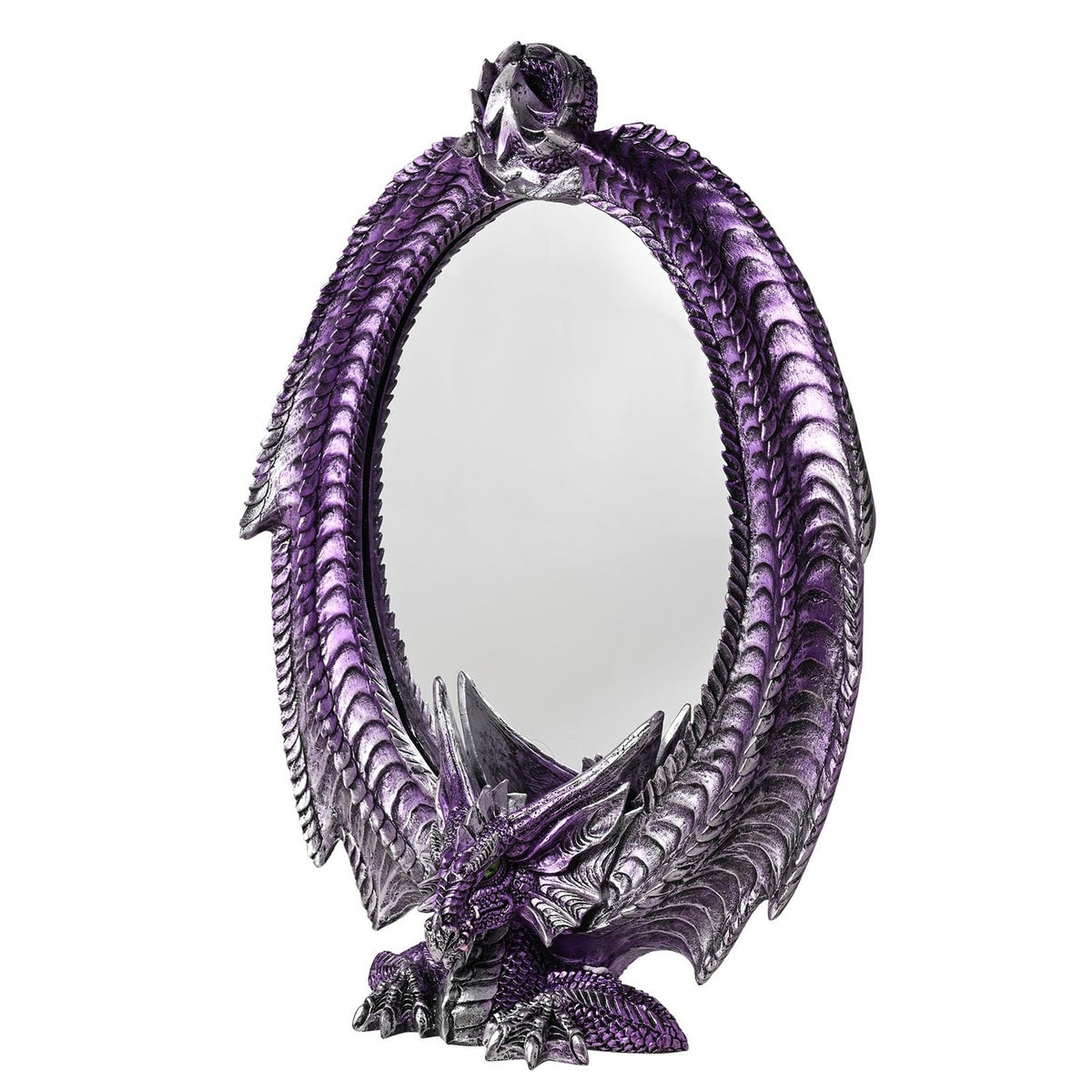 Oval wall mirror framed by a winged resin dragon in metallic purple with silver highlights, crouching at the base with wings curving up to meet at the top, shown on a white background.