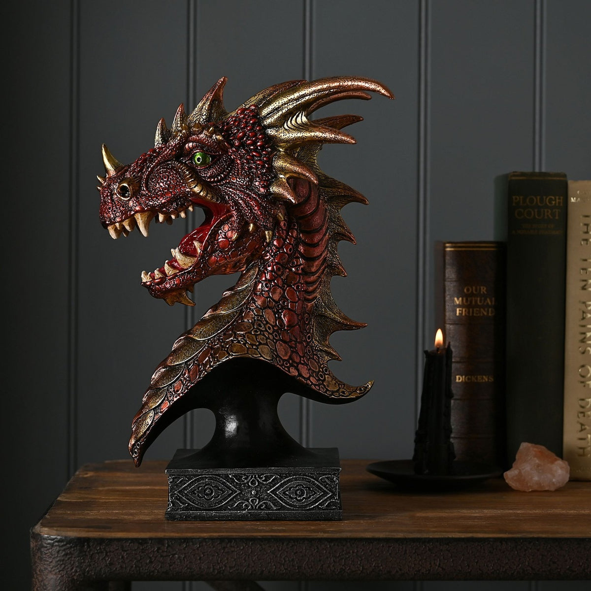 Metallic Dragon Head Resin Figurine with Plinth 29cm - Red