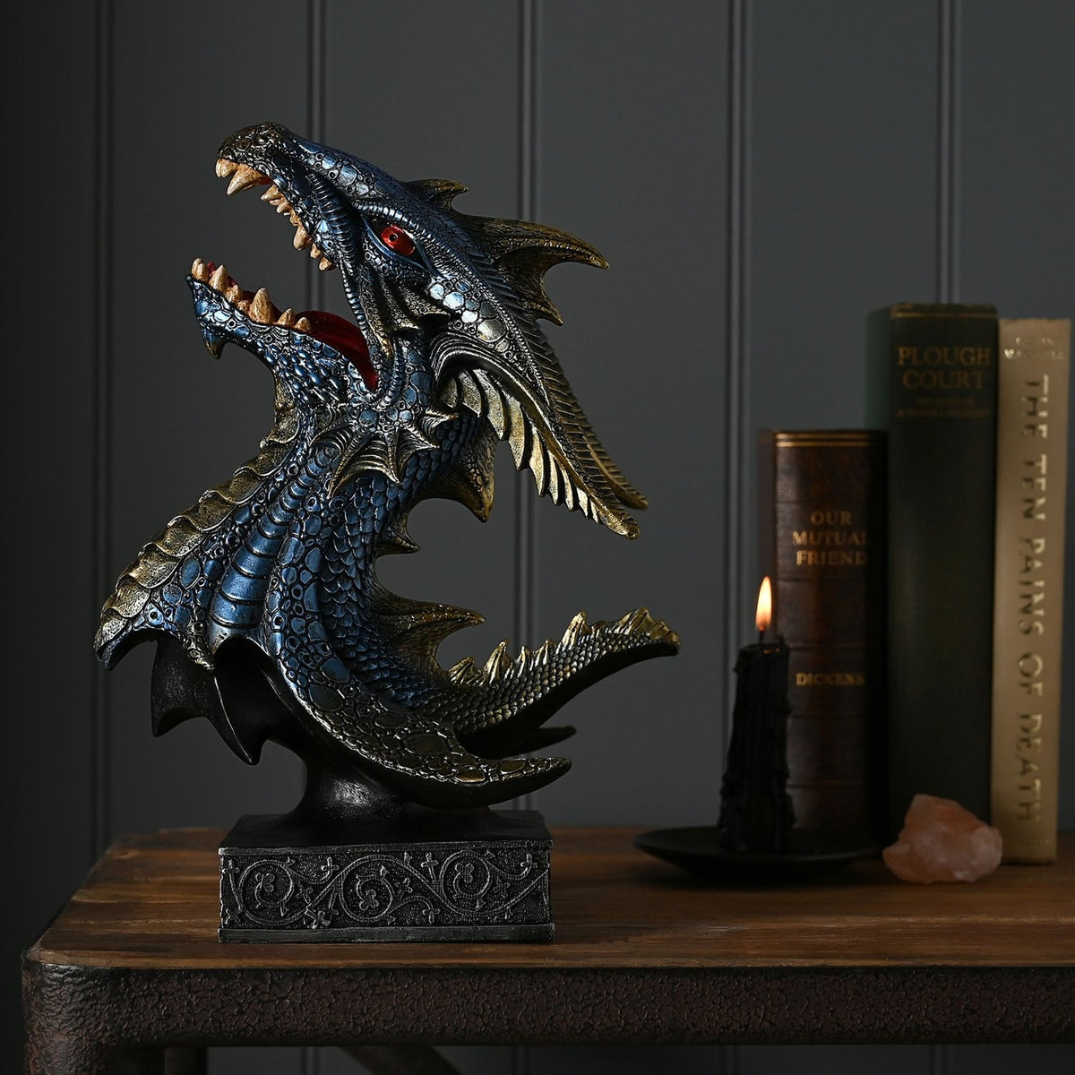 Fanged Dragon Head Resin Figurine with Plinth 29cm - Blue