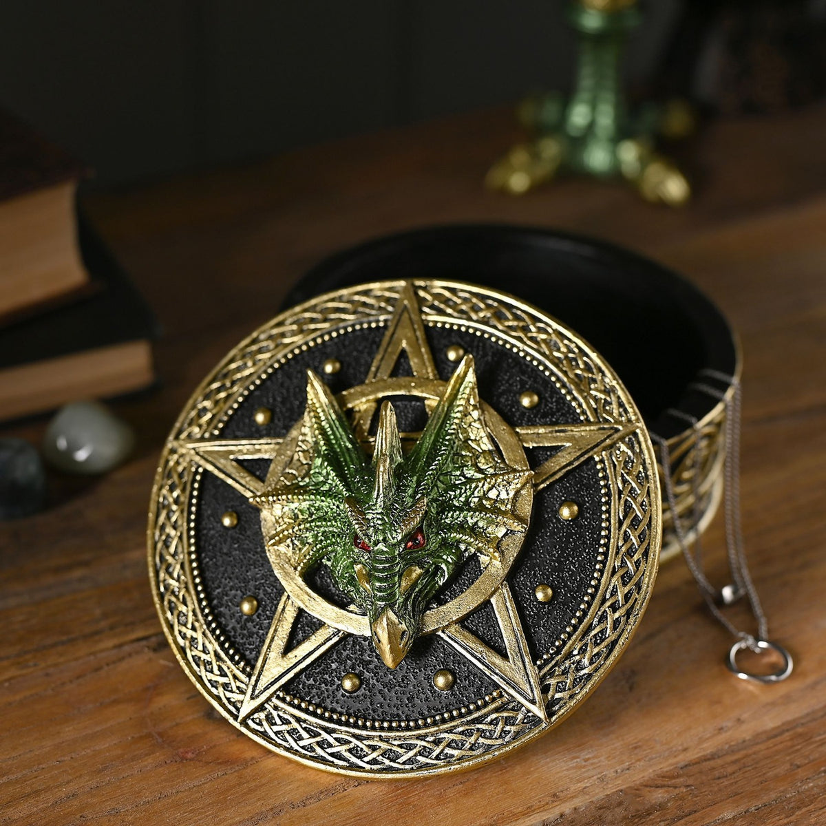 Round Dragon Pentagram Celtic Knot Resin Trinket Box - Gold