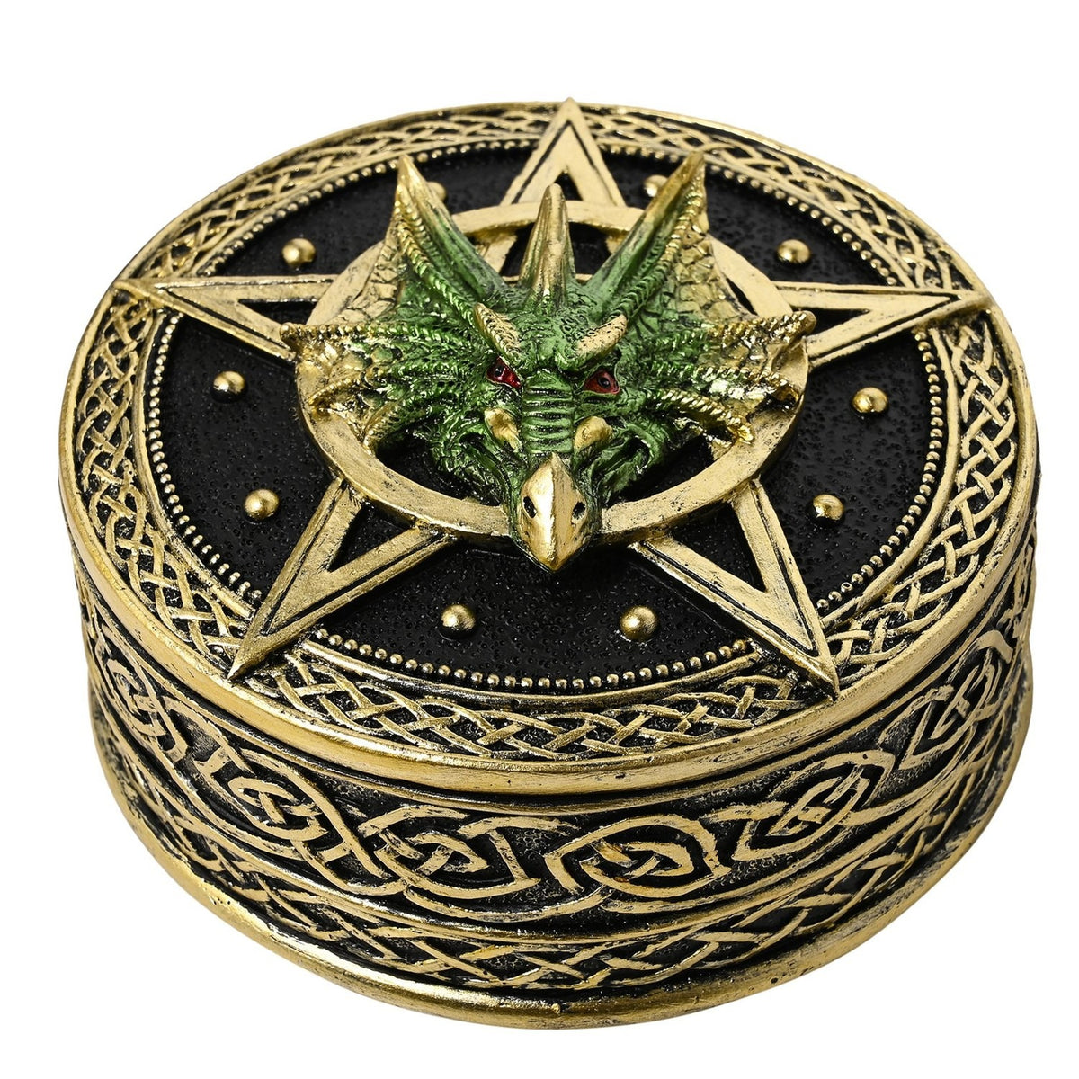 Round Dragon Pentagram Celtic Knot Resin Trinket Box - Gold