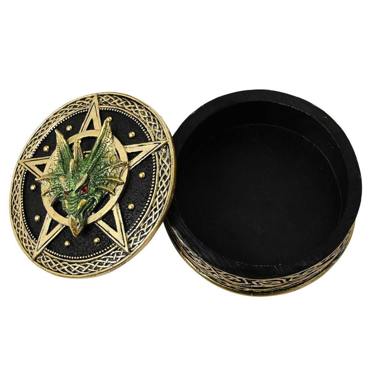 Round Dragon Pentagram Celtic Knot Resin Trinket Box - Gold