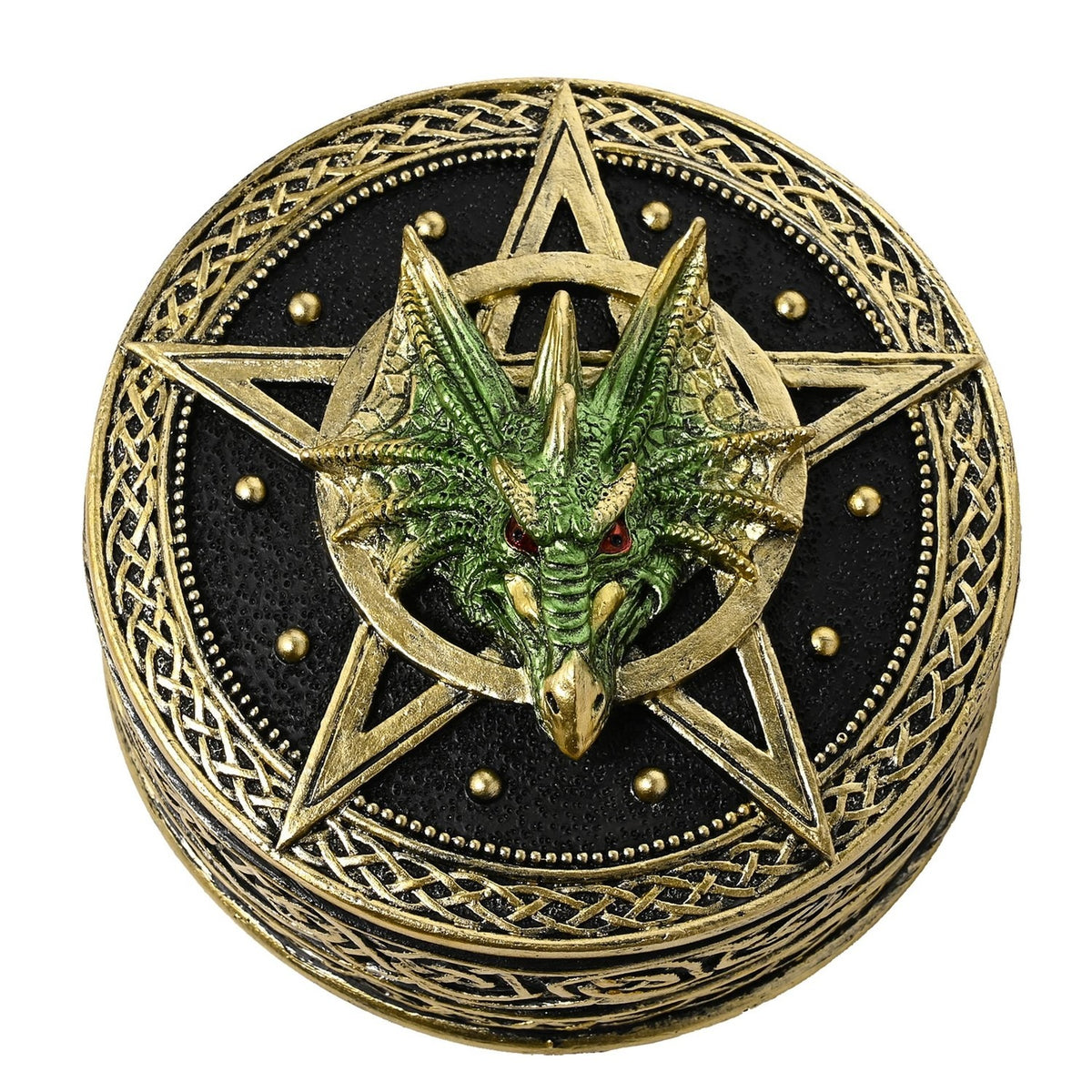 Round Dragon Pentagram Celtic Knot Resin Trinket Box - Gold
