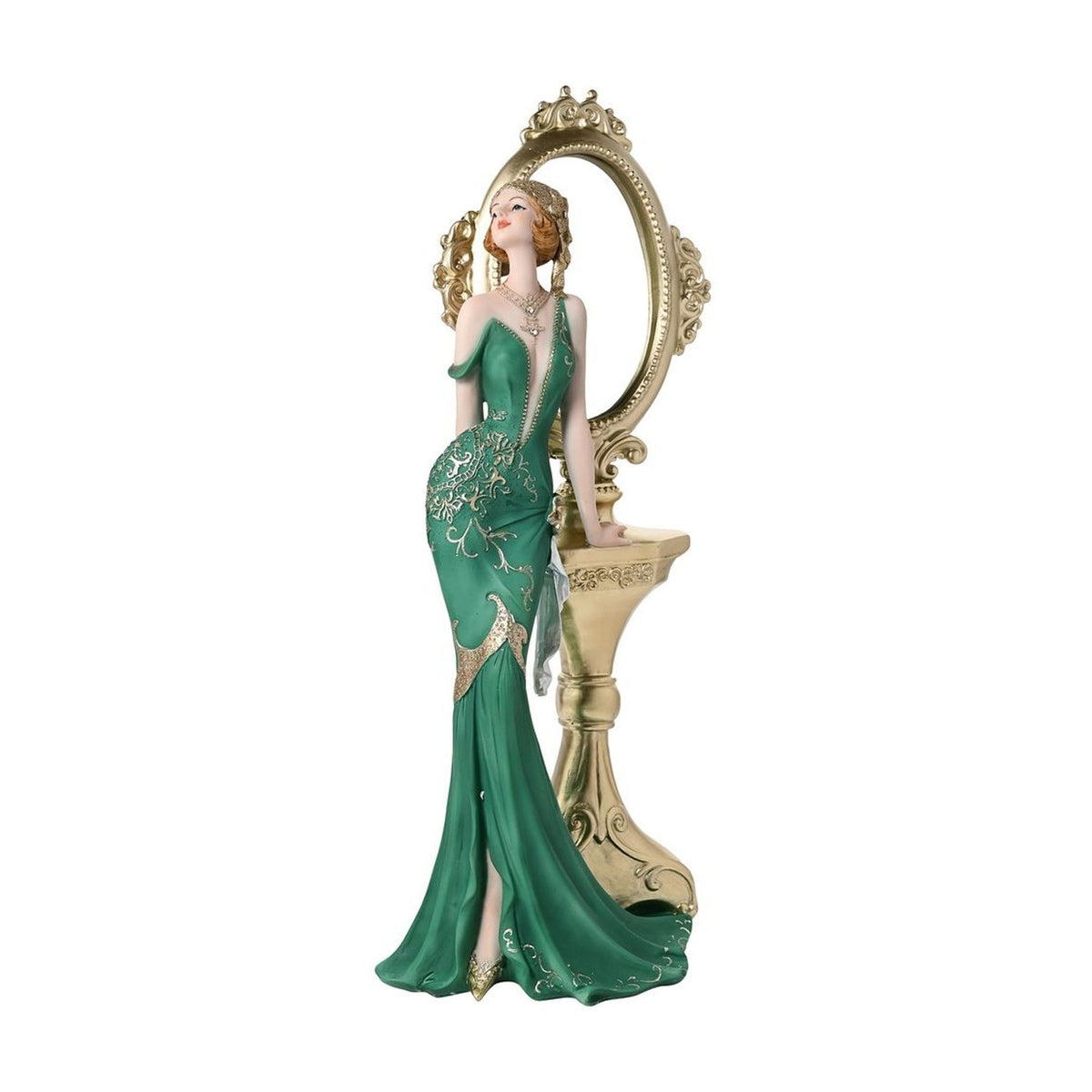 Anna Lady in Gown Resin Figurine with Mirror Stand - Green