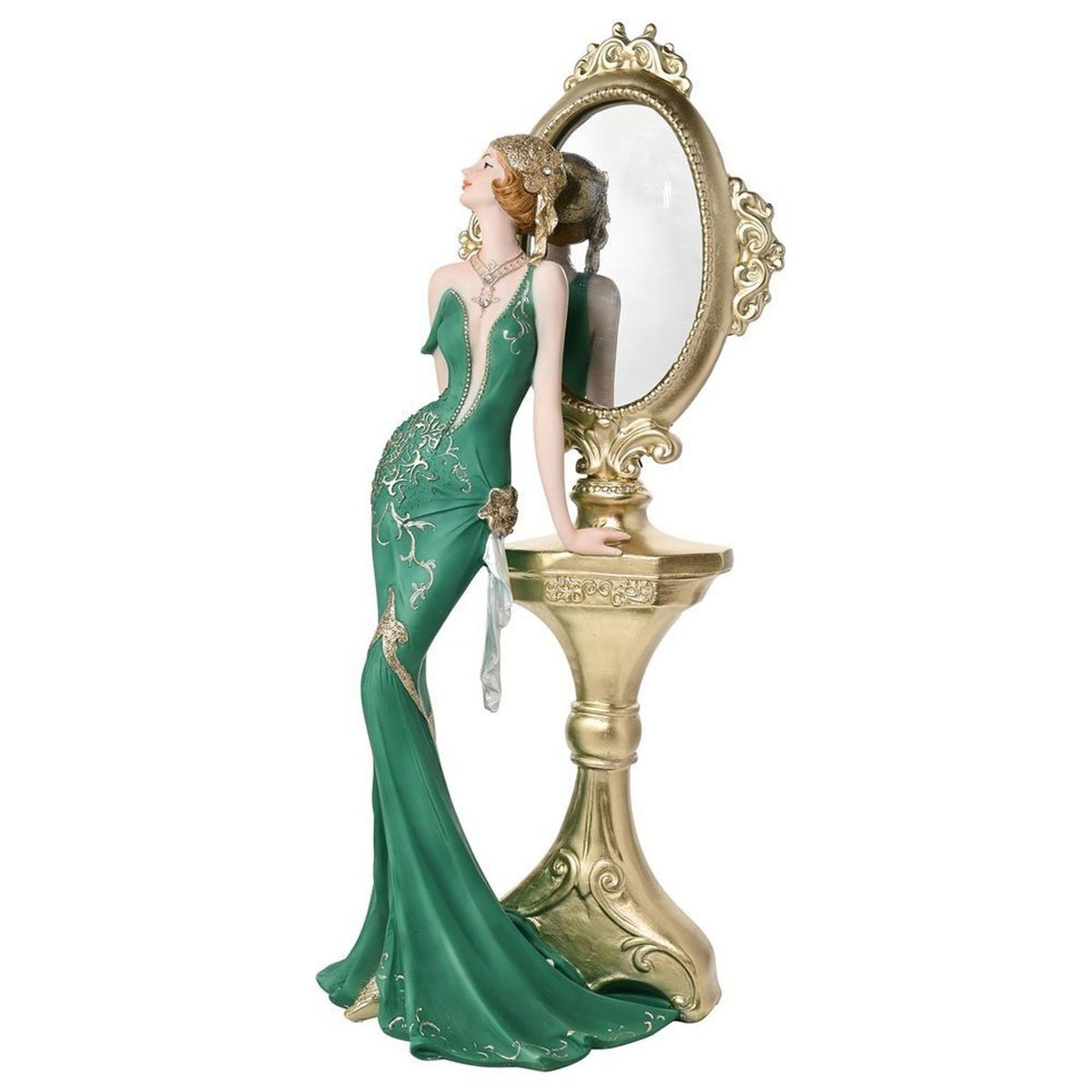 Anna Lady in Gown Resin Figurine with Mirror Stand - Green