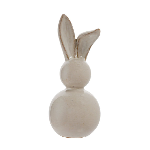 Ceramic bunny decoration, 19.6cm, with rounded stacked body and tall floppy ears, glossy white and grey glaze with toasted edges, on a plain white background.