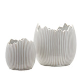 Ribbed Cracked Egg Shell Ceramic Planter Set of 2 - White