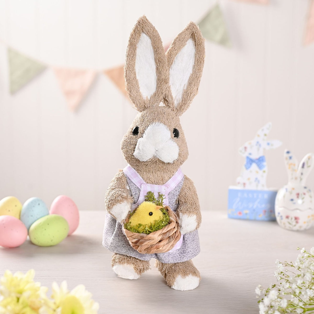 Easter Bunny Holding Baby Chick Plastic Decoration - Brown