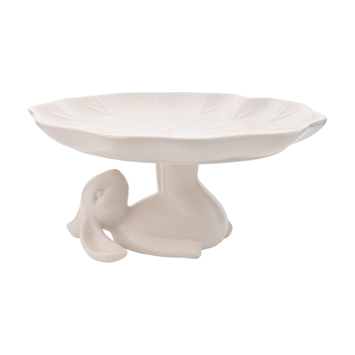 Lop-Eared Bunny Ceramic Cake Stand with Leaf Top - White