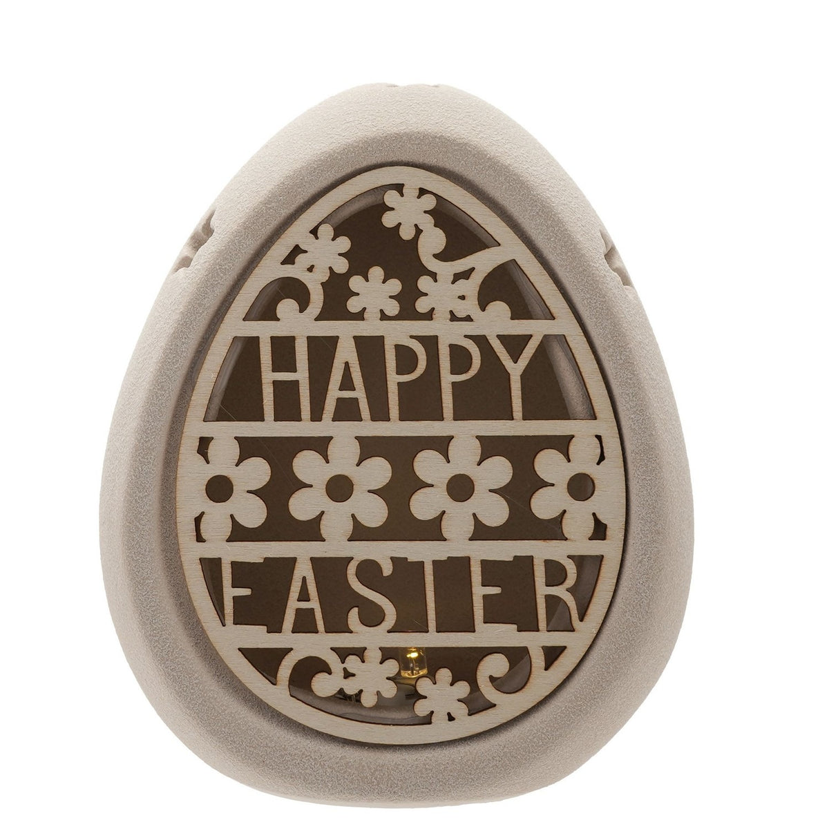 Ceramic egg-shaped light-up decoration in natural finish with a cut-out "HAPPY EASTER" design and floral details, shown on a plain white background.
