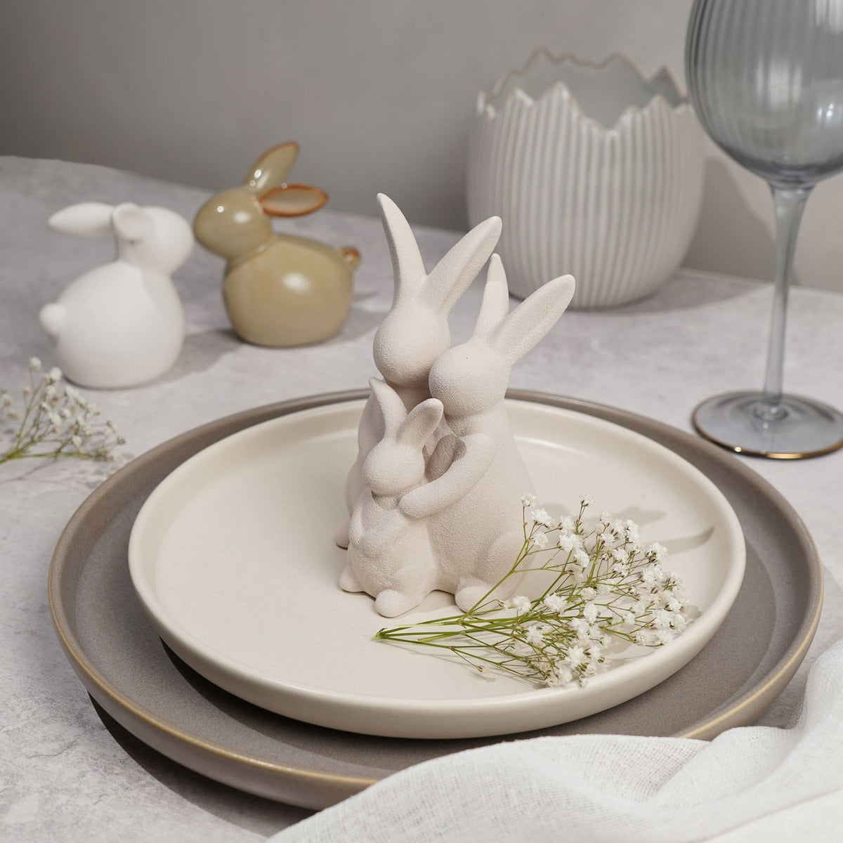 Easter Family of Hugging Bunnies Ceramic Figurine - Grey