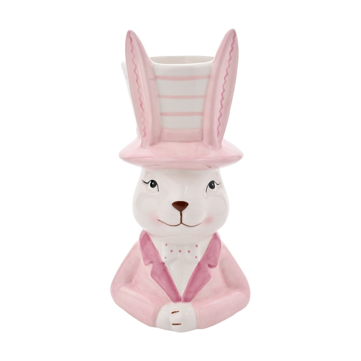 Ceramic planter shaped as a bunny in a pink top hat and jacket with bow tie, the tall striped hat crown forming the open planting vessel, on a white background.