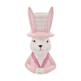 Ceramic planter shaped as a bunny in a pink top hat and jacket with bow tie, the tall striped hat crown forming the open planting vessel, on a white background.