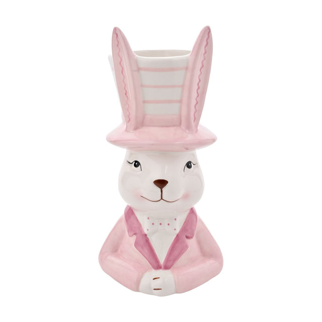 Ceramic planter shaped as a bunny in a pink top hat and jacket with bow tie, the tall striped hat crown forming the open planting vessel, on a white background.