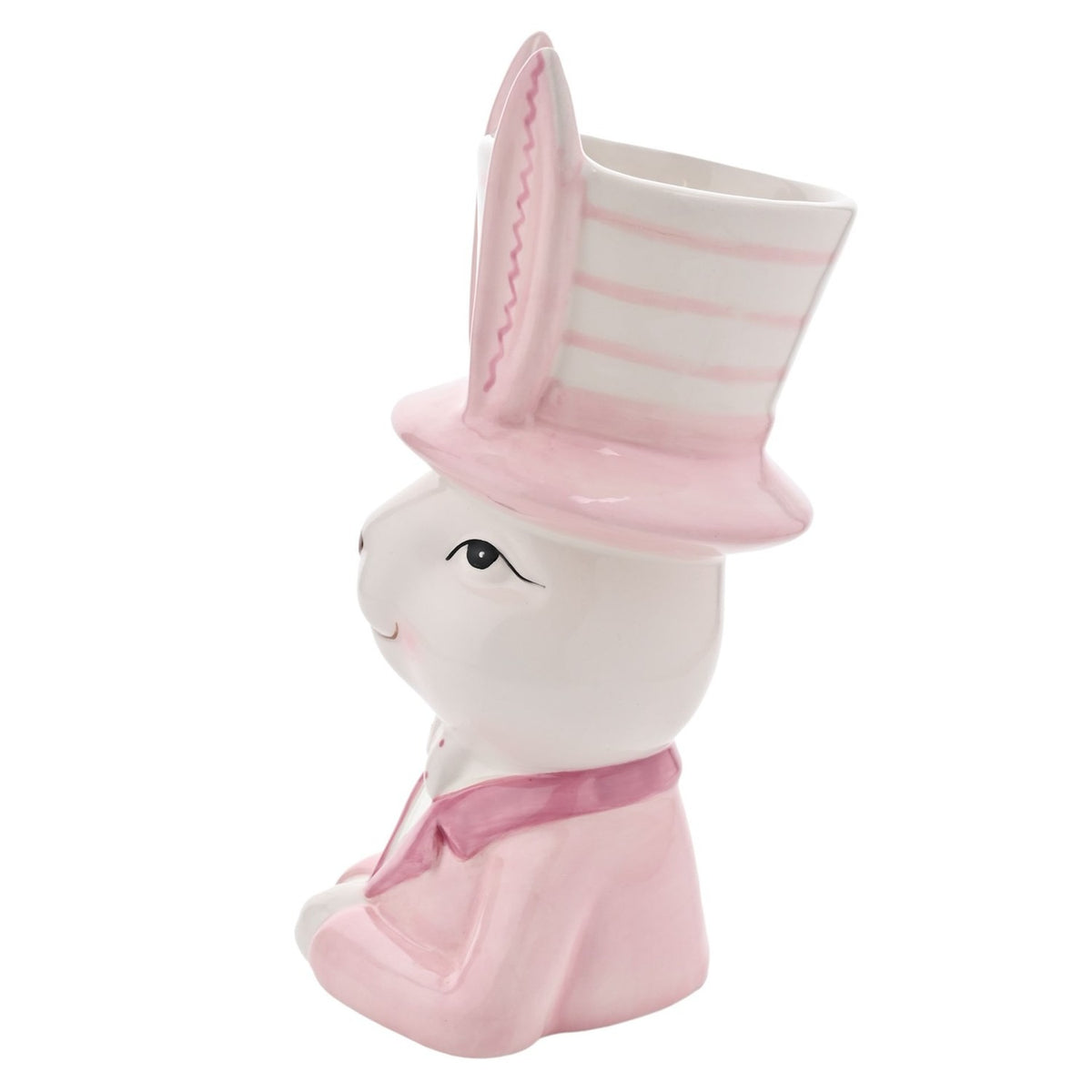 Ceramic bunny planter, 20cm, sitting with folded paws, pink bow tie and jacket, white top hat striped in pink forming the open planter top, on a plain white background.