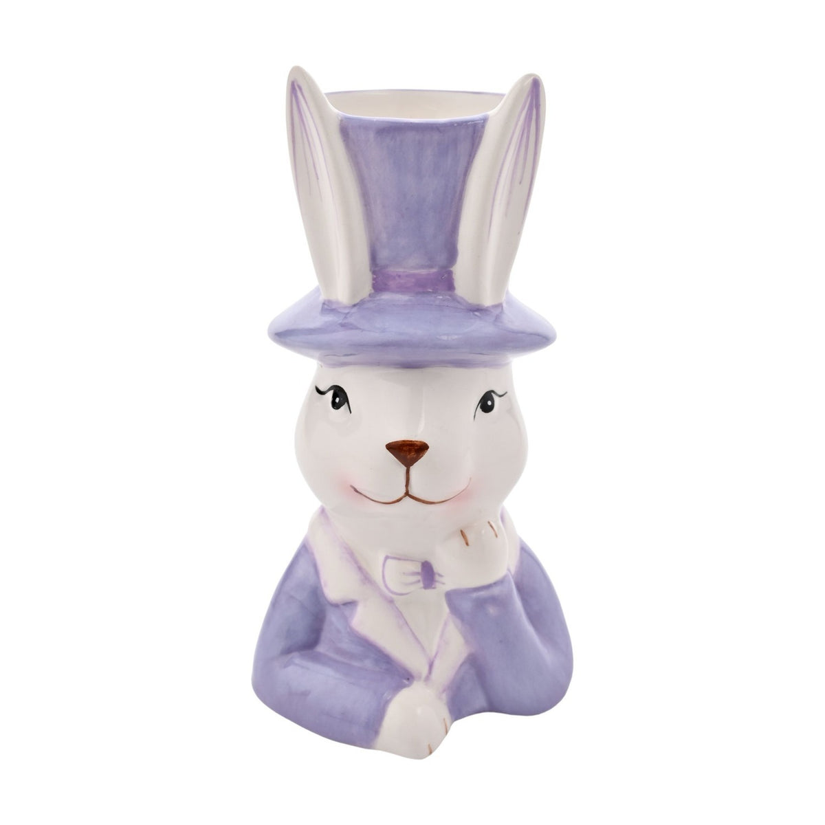 Ceramic planter shaped as a white bunny in a purple top hat and jacket with bow tie, one paw raised to chin, open hat top for planting, on a plain white background.