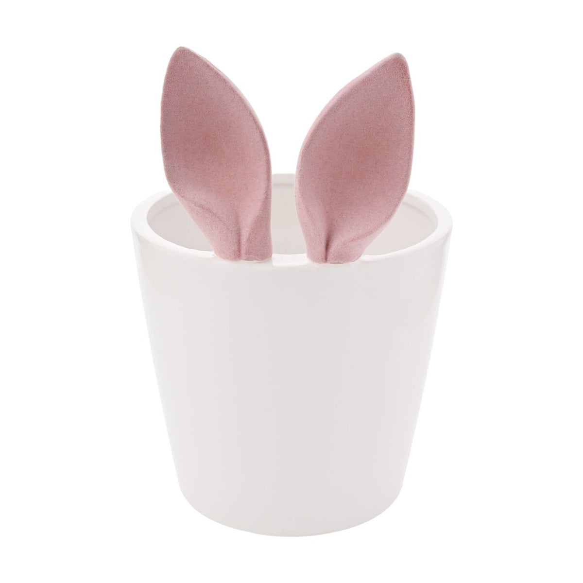 Large Flocked Bunny Ears Ceramic Planter - White & Pink