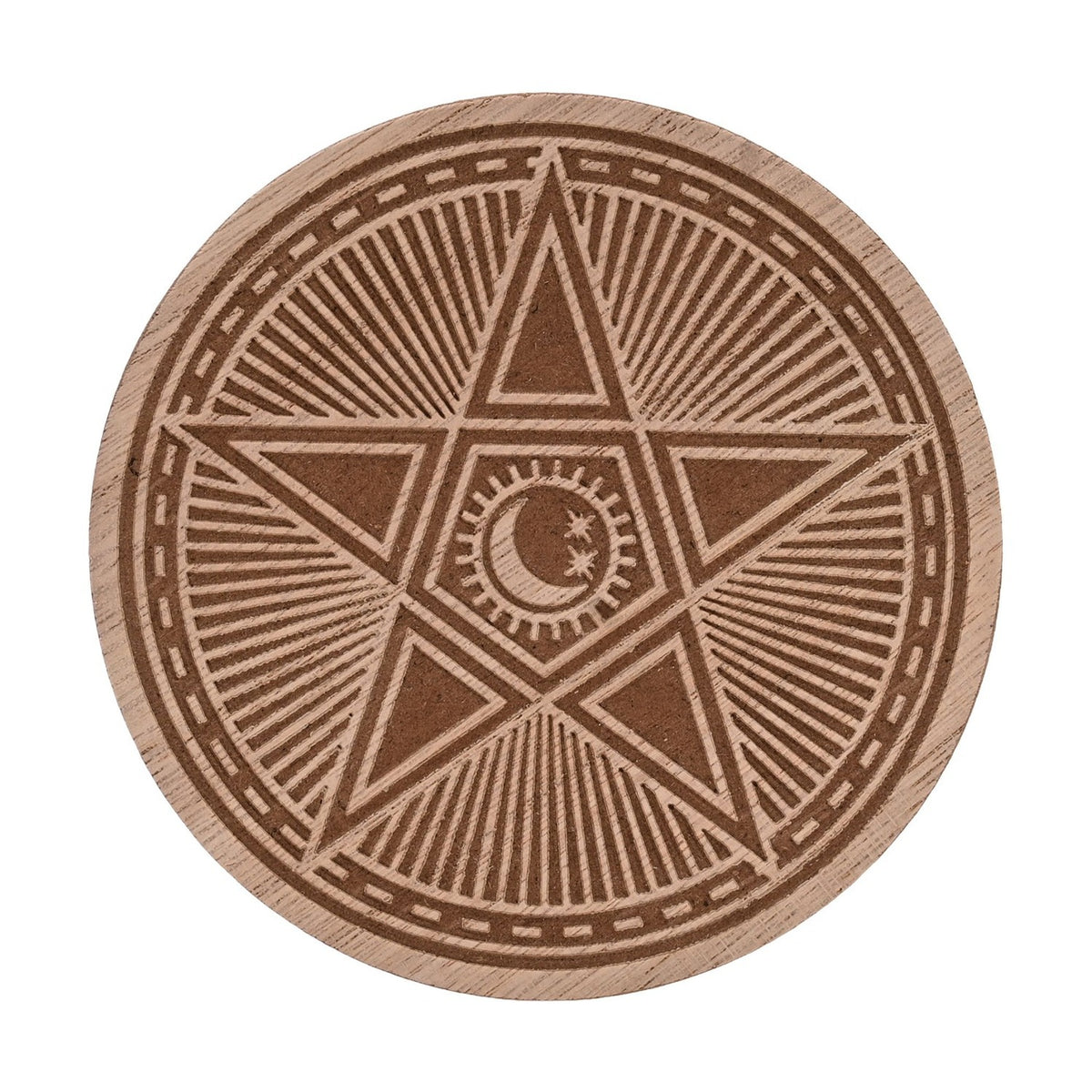 Pentagram and Eye Set of 4 Engraved Wooden Coasters - Brown