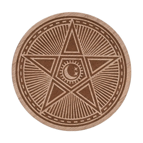 Round wooden coaster engraved with a pentagram, sunburst rays, dashed border, and a crescent moon with stars at its centre, in a brown finish on a white background.