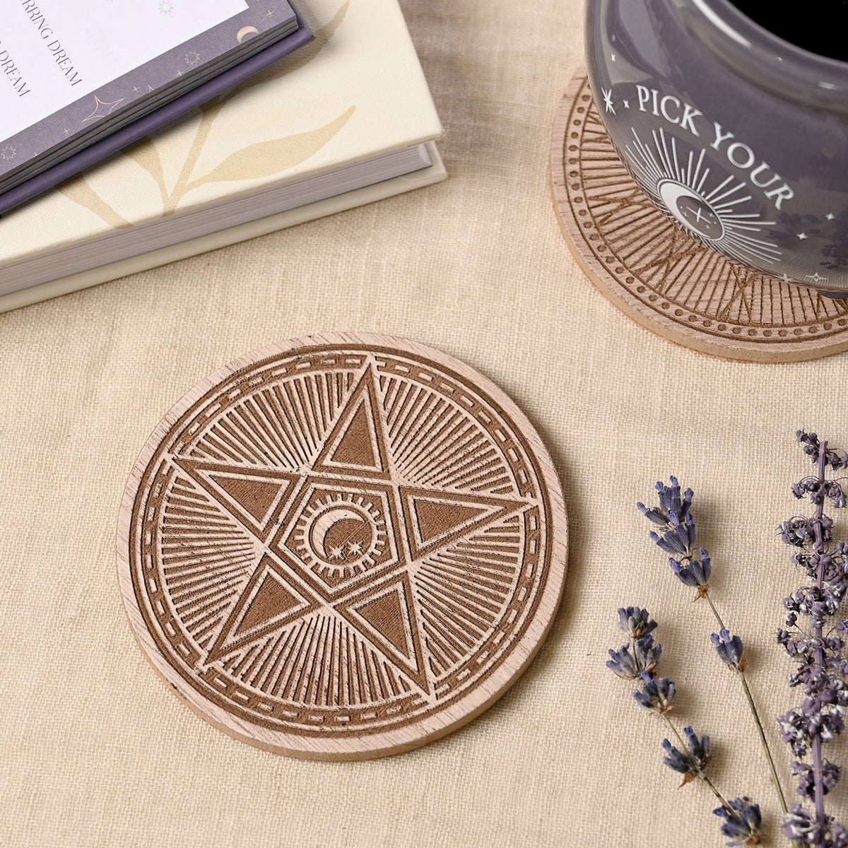Pentagram and Eye Set of 4 Engraved Wooden Coasters - Brown