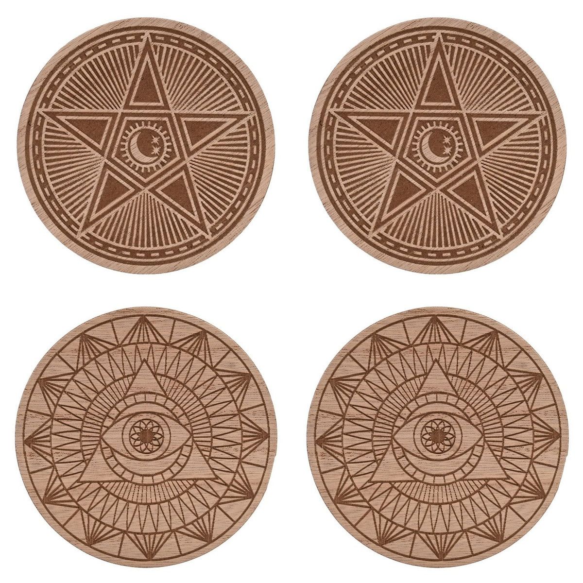 Pentagram and Eye Set of 4 Engraved Wooden Coasters - Brown